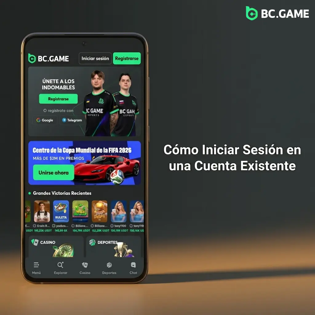 Pantalla de inicio de sesión en BC Game app con campos para email, teléfono y contraseña