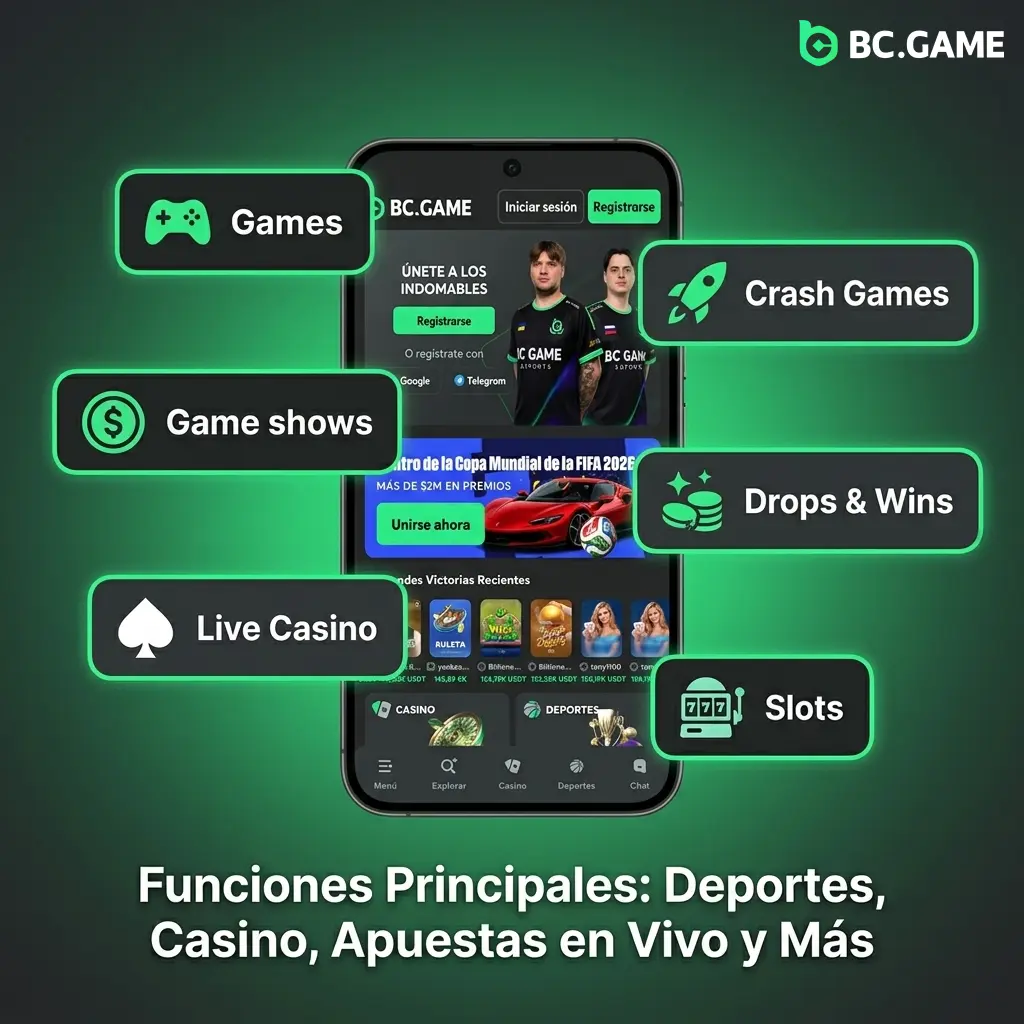 Interfaz de la app BC Game con secciones de deportes, casino, apuestas en vivo y promociones disponibles
