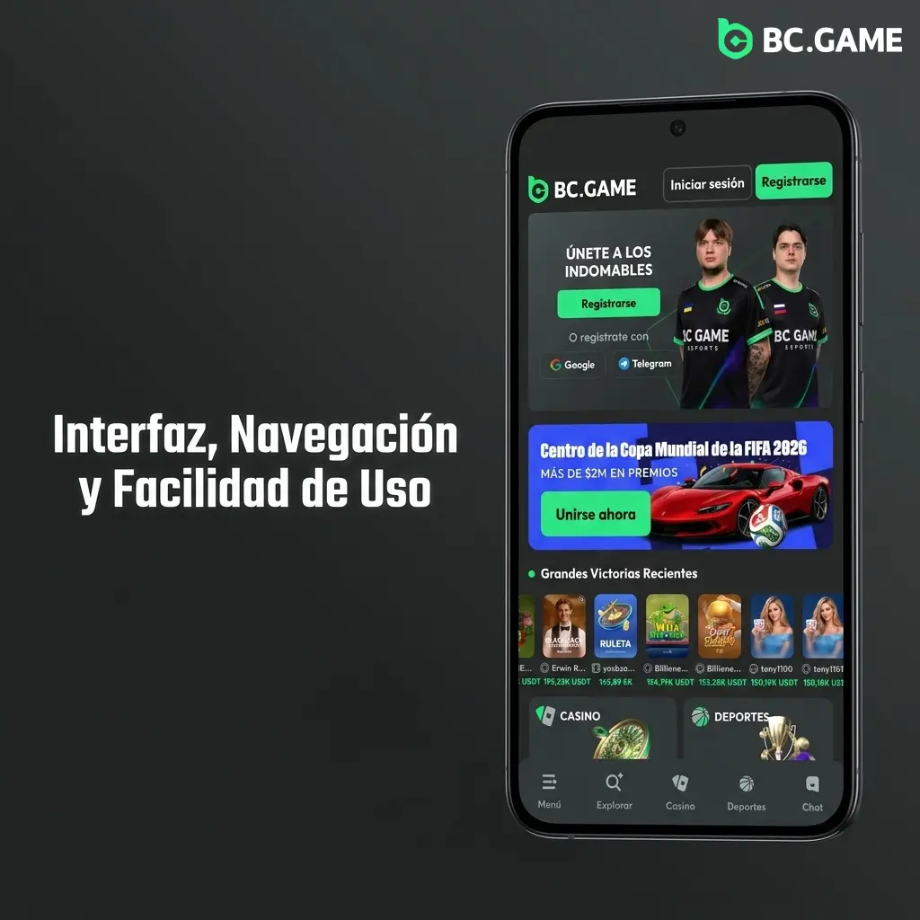 Interfaz de la app BC Game con barra de navegación inferior para Deportes, Casino y Promociones en móvil