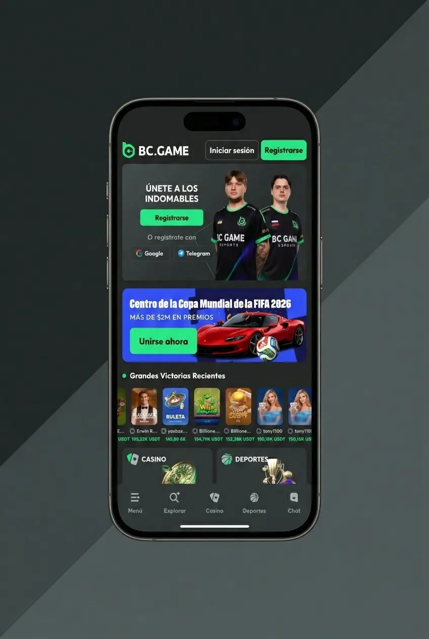 Pantalla de inicio de sesión en la app de BC Game con campos para usuario y contraseña