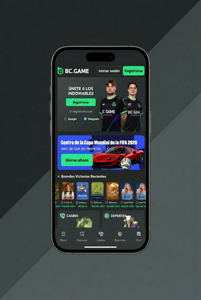 Pantalla de inicio de sesión en la app de BC Game con campos de usuario y contraseña visibles