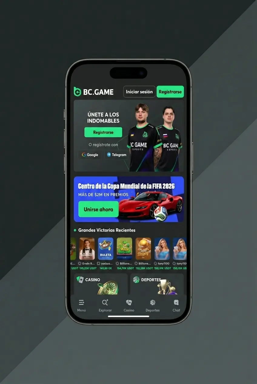Pantalla de inicio de sesión en la app de BC Game con campos para ingresar usuario y contraseña
