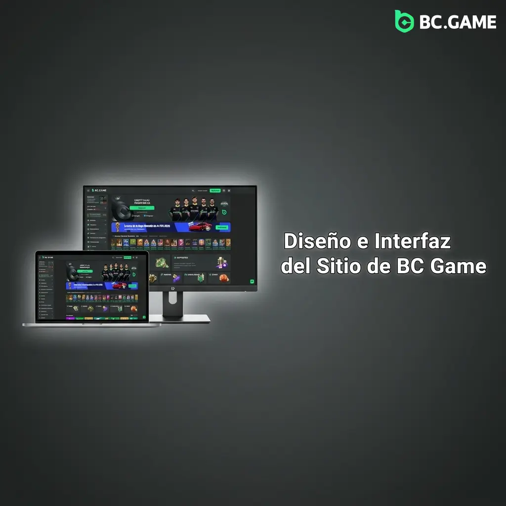 Interfaz oscura de BC Game con acentos neón verde y dorado, menú de navegación fijo y filtros de búsqueda rápida