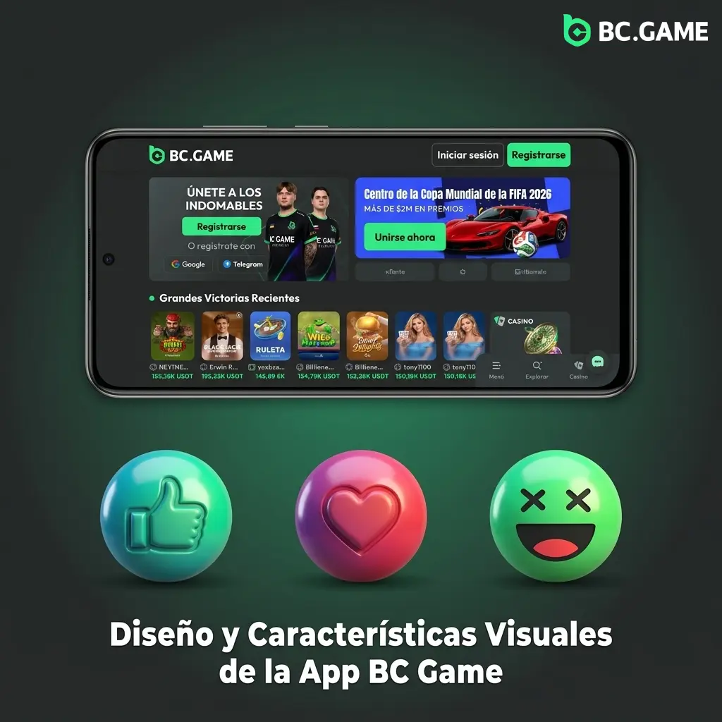 Interfaz de la app BC Game con paleta oscura, verdes neón y dorado, adaptada a distintas resoluciones móviles