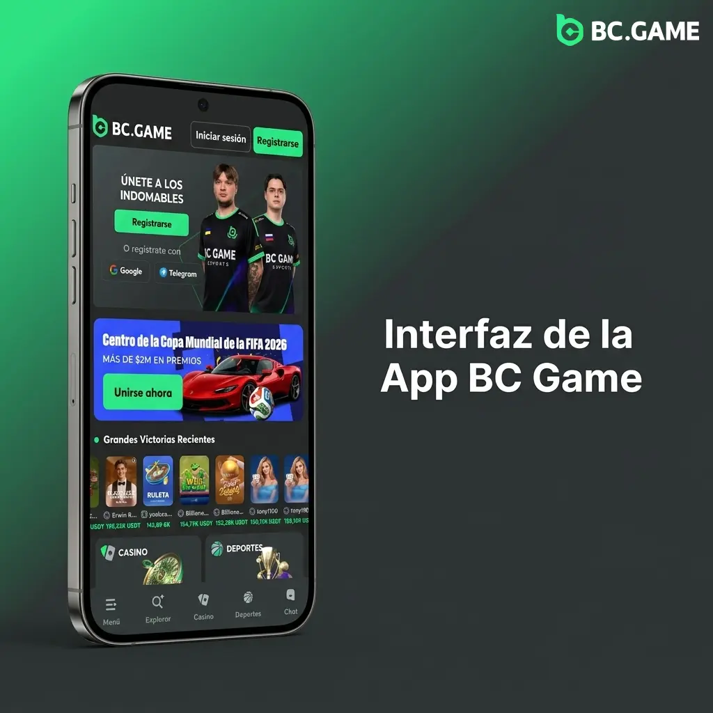 Interfaz móvil de BC Game con menú de casino, apuestas deportivas y billetera cripto en diseño oscuro con acentos verdes