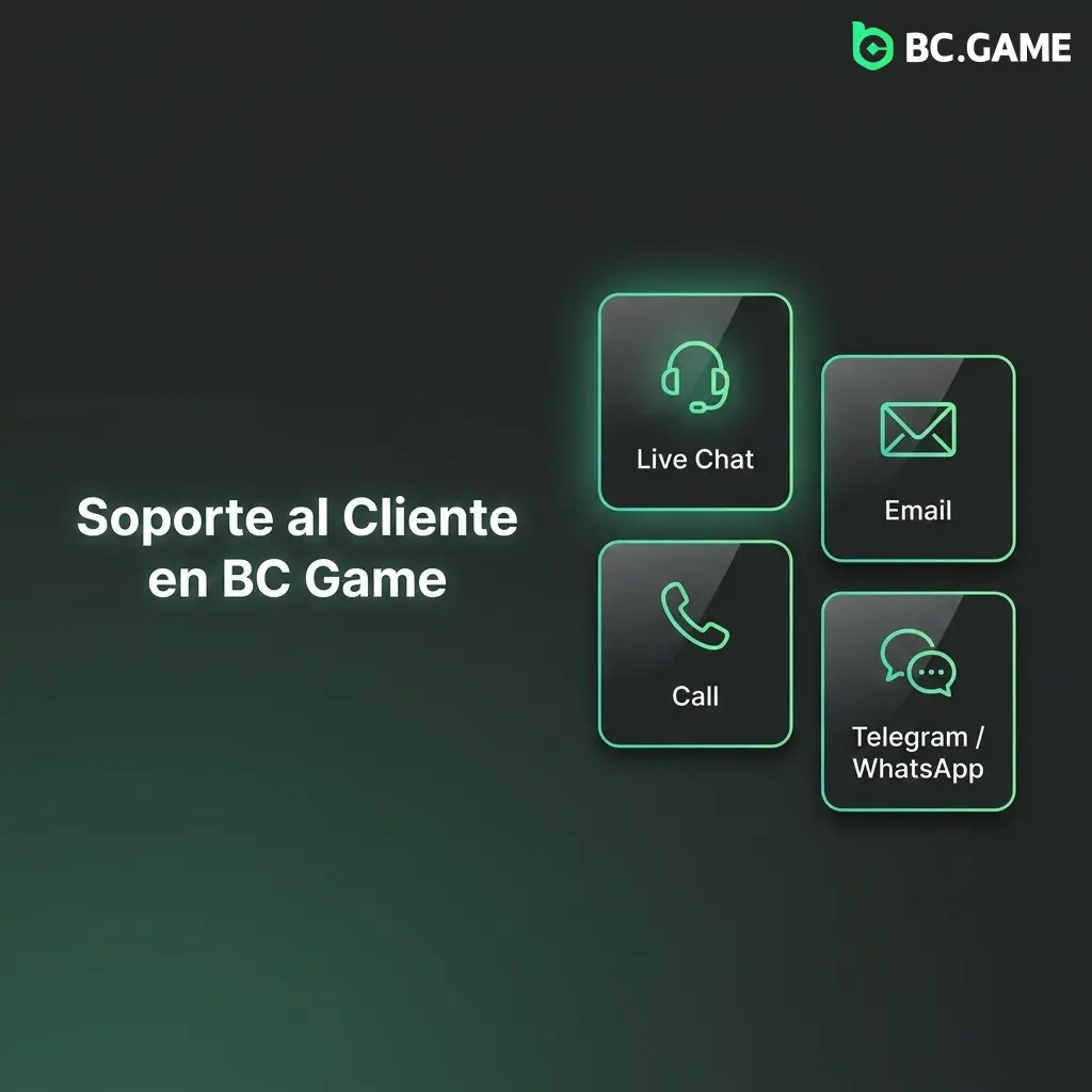 Soporte al cliente BC Game disponible 24/7 en español por chat en vivo, email y Telegram para jugadores en Argentina