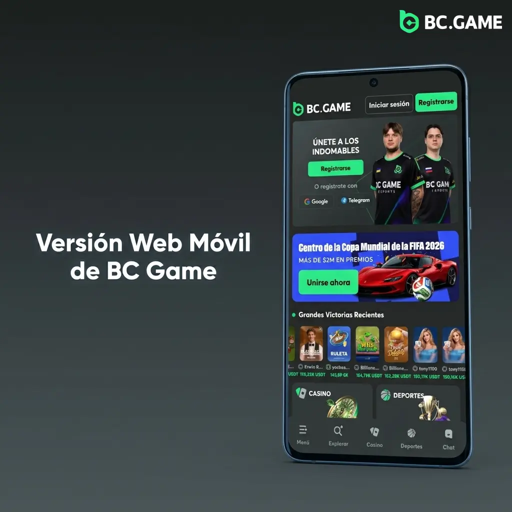 Versión web móvil de BC Game accesible desde el navegador con casino, apuestas y funciones completas